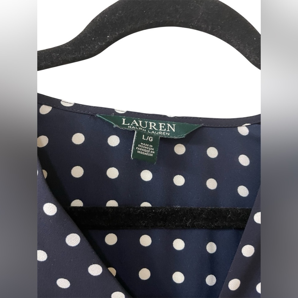 Lauren Ralph Lauren Navy Polka Dot Faux Wrap Long Sleeve Draped Blouse Large - Picture 2 of 7